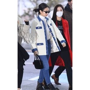 SANDRO Chelby Tweed Denim Jacket White Blue Coat 38 6 Medium